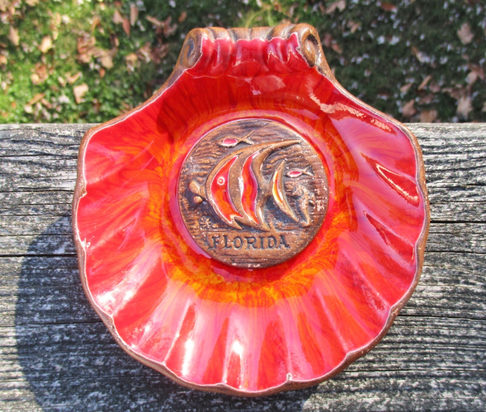 TREASURE CRAFT Red Orange Lava Florida Ashtray Dish Scallop Shell w/ Angel Fish