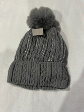 Women faux fur removable pom pom Beanie Hat Grey with Front Glitter