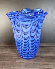 Royal Gallery Blue Handkerchief Ruffle Handblown Vase Blue and White Striped
