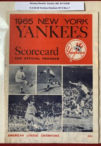 1965 MICKEY Mantle HR #473 New York Yankees baseball Program Boston Red Sox book