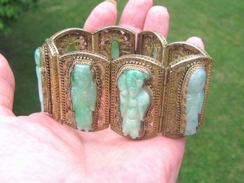 Jade Bracelet Natural A Chinese Antique Carved Green Jadeite 8 Immortals RARE