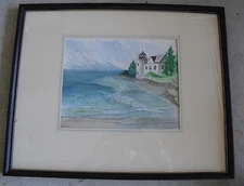 Beautiful Watercolor Painting Signed Simione of Lighthouse by Ocean Framed