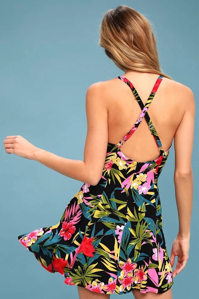 Lucy Love Rachel Slip Dress Women's L Black Floral Tropical Mini Spaghetti Strap - Image 4 of 4