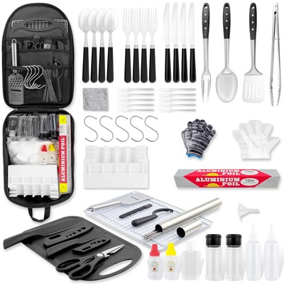 55 PCS Camping Utensils Cooking Set 2-in-1 Campfire Grilling Cookware BBQ