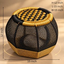 Handwoven Round Ottoman Footstool Pouf Black  Gold Boho Home Decor Handmade.
