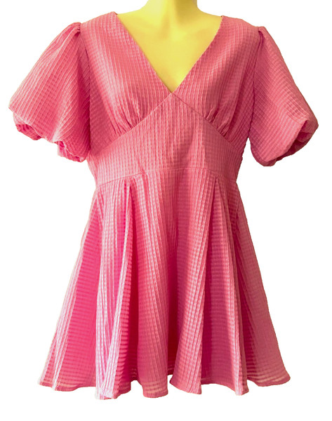 Pink Diamond Pink Self Check Fit and Flare Dress Size 10 Puff Sleeves
