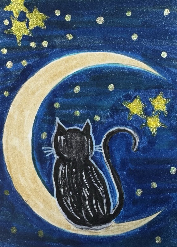ACEO Original Hand-Painted Watercolor Painting 2.5 X 3.5 Cat On The Moon.