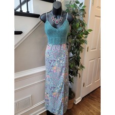 Love Squared Maxi Dress Women's Small Teal Blue Crochet Floral Sweetheart Casual
