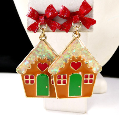 Super CUTE Christmas Gingerbread House Dangle Earrings Red Bows Enamel Gold Tone