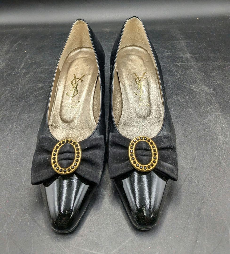 Saint Laurent decolte tacco YSL EU35 5 US5 5 nastro vernice pelle nero 09891a