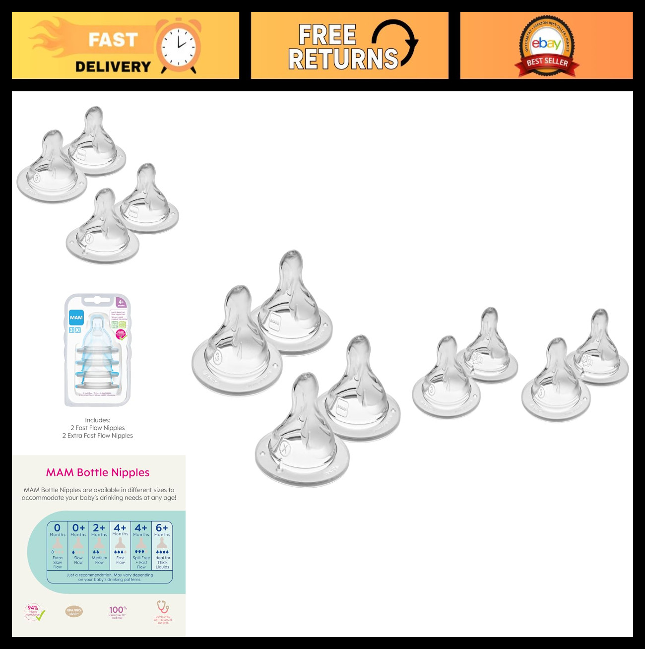 Extra Fast Flow Bottle Nipples, Level 4 & Level 3, 4 Pack fo