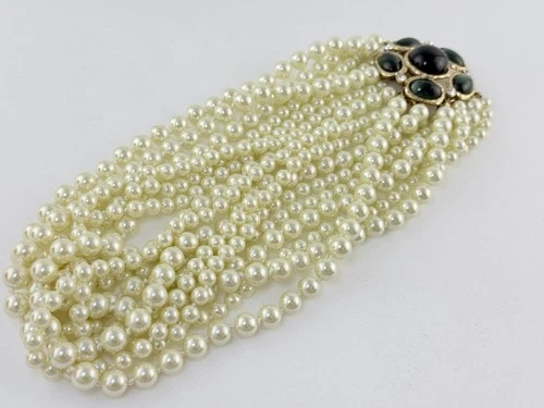Kenneth Jay Lane Torsade Faux Pearl Multi Strand Necklace with Green Rhinestones