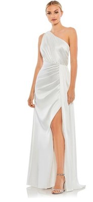 NWT Mac Duggal gathered one-shoulder satin faux wrap gown Size 8