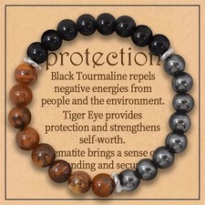 Set of 3 Tiger's Eye Black Tourmaline Hematite Bracelet Protection Healing
