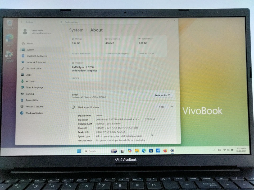 Asus Vivobook 15 M513U Laptop, AMD Ryzen 7 5700U 4.3 GHz,8 GB, 1 TB, Win 11 Home - Image 2 of 4