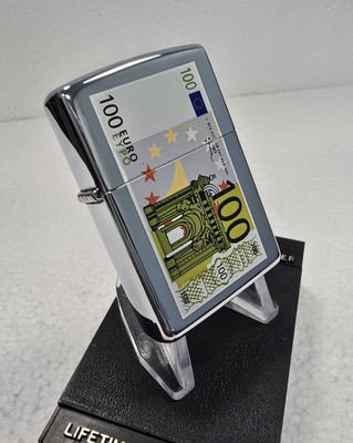 ORIGINAL Zippo Feuerzeug 100 EURO BANKNOTE WÄHRUNG High Polish Chrome 1998 NEU