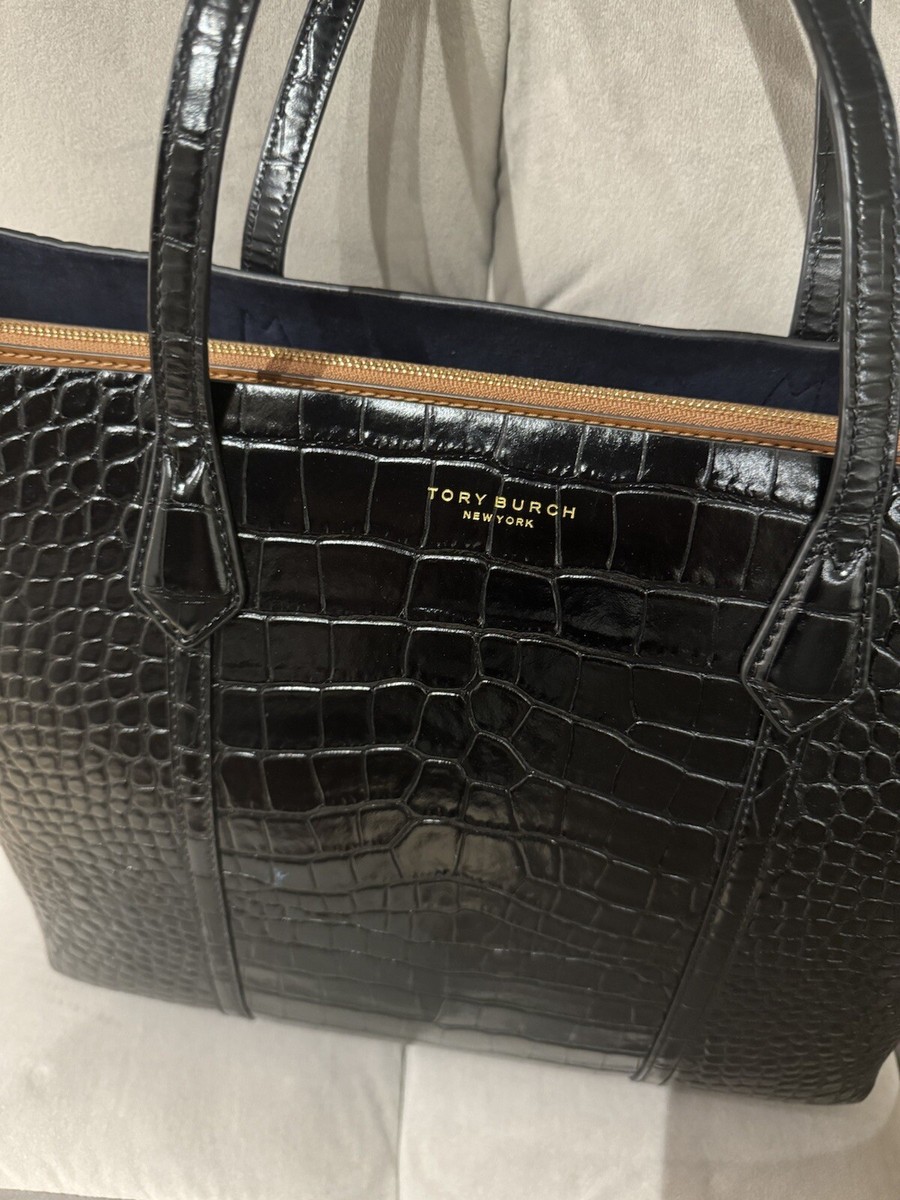 Tory Burch Perry Black Croc Embossed Triple Compartment Zip