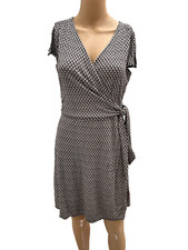 Ann Taylor Faux Wrap Dress Women 6 Black White Print V Neck Stretchy Cap Sleeve