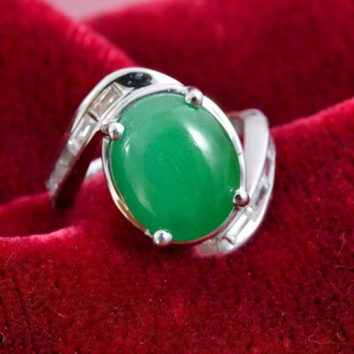 Burmese Green Jade Oval Cabochon Ring Plat Over Sterling  display picture 1