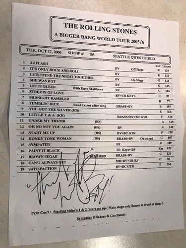 Charlie Watts signed setlist ACOA LOA + Proof! Rolling Stones autographed 