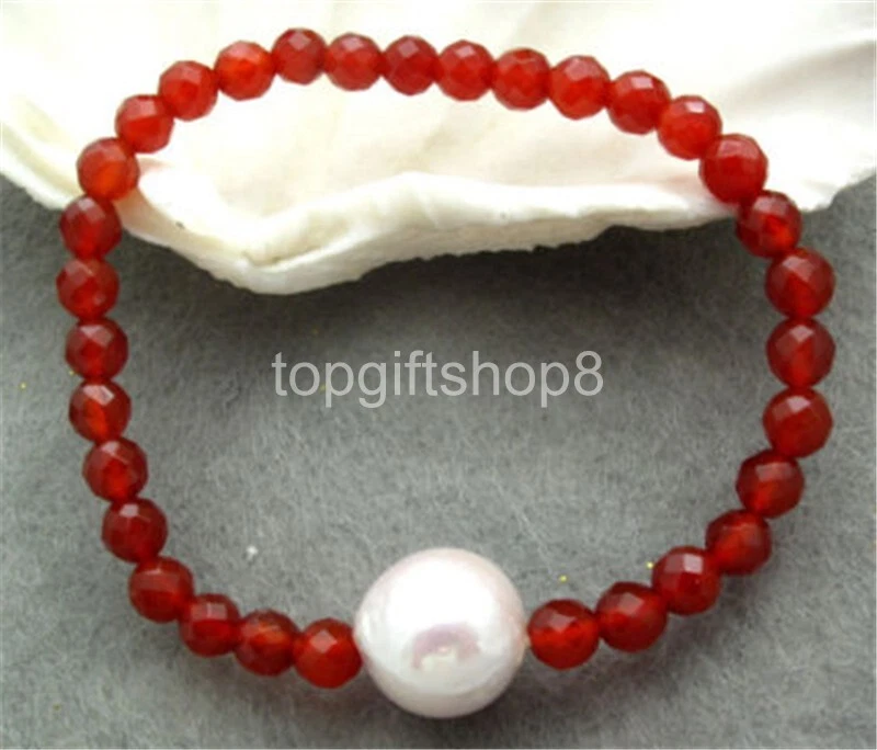 Brazalete de perlas Keshi Keishi redondas facetadas de ágata roja y 13-14 mm blancas redondas 8" Foto 2 de 2
