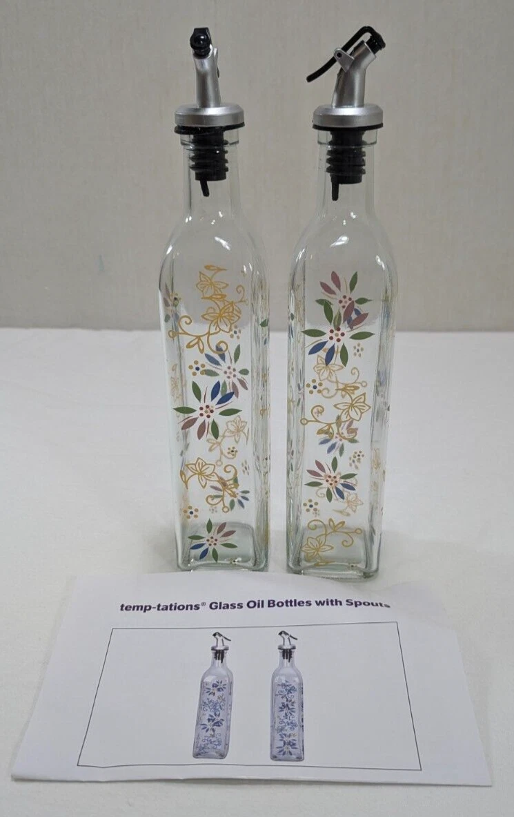 Temptations 2 Glass Oil Bottles w/ Spouts CONFETTI Printed Floral Design 17oz
Opens in a new window 