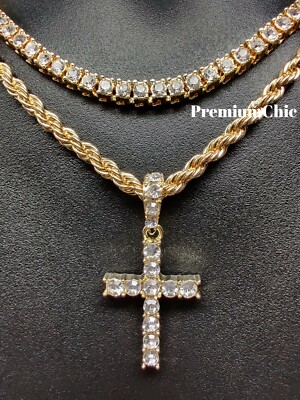 3pc SET, Tennis Choker Rope Chain, Cross Pendant Gold Plated Hip Hop CZ  Jewelry