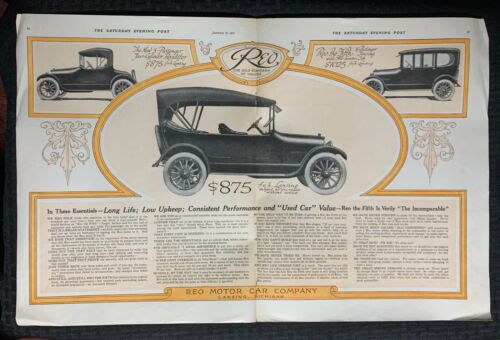 1917 REO MOTOR CO. 21x14" Automotive Print Ad VG+ 4.5 Long Life Low Upkeep DPS - Foto 1 di 1