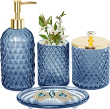 Blue Bathroom Accessories Set, 4Pcs Glass Bathroom Accessory Set Complete W/Loti