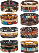 Braided Leather Bracelets for Men Women - Wooden Beads Cool Wrap Cuff Bracelets