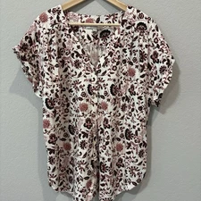 Ann Taylor LOFT Top Womens 2XL XXL White Floral Linen Rayon Button Up Blouse