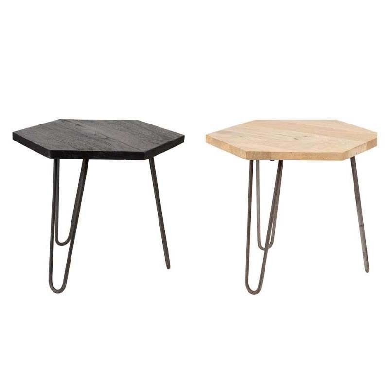 Ensemble 2 tables d'appoint hexagonales bois de manguier et métal 55x55x45cm