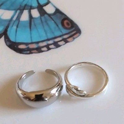 Silver Tone Adjustable Band Ring Set Smooth & Leaf Design Fashion Jewelry