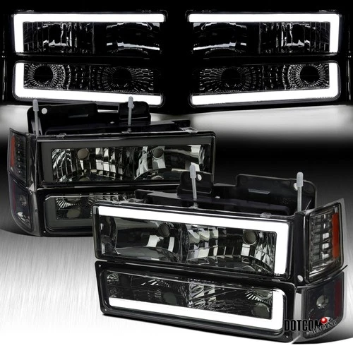 Fits 94-98 Chevy C10 C/K Silverado Tahoe Smoke LED Tube Headlights+Bumper Lamps