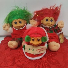 3X Vintage Russ Troll Doll Christmas Caroler Girl/Boy Red/Grn Hair 5" N 8"