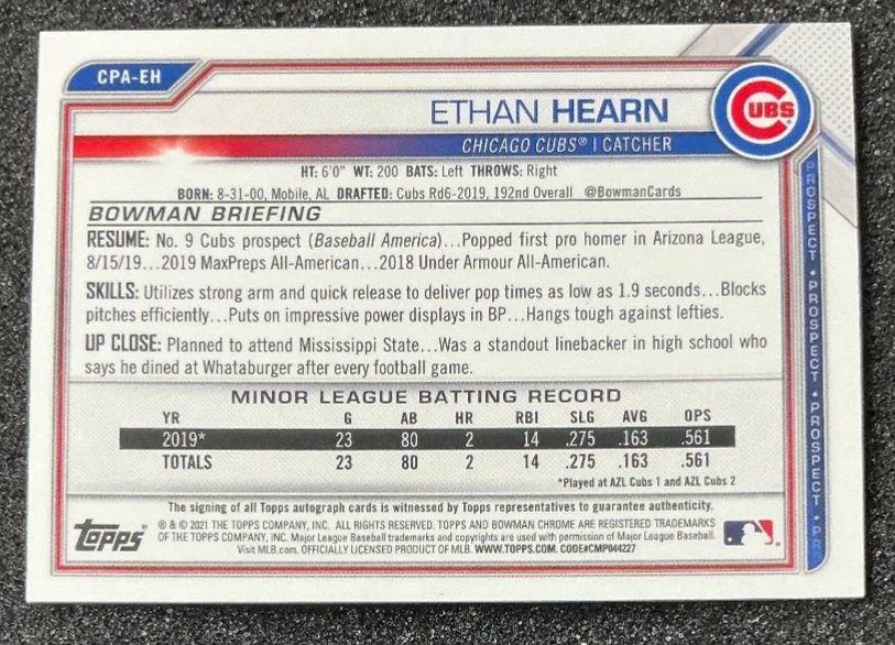 2021 Bowman Chrome Prospect Auto Yellow Refractor 58/75 Ethan Hearn #CPA-EH Auto - Image 2 of 2