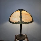 Antique Slag Glass Table Lamp Caramel Dome Shade Art Nouveau Bronze Base 6 Panel