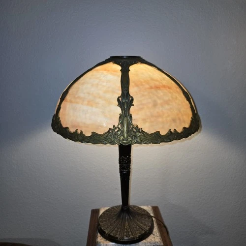 Antique Slag Glass Table Lamp Caramel Dome Shade Art Nouveau Bronze Base 6 Panel