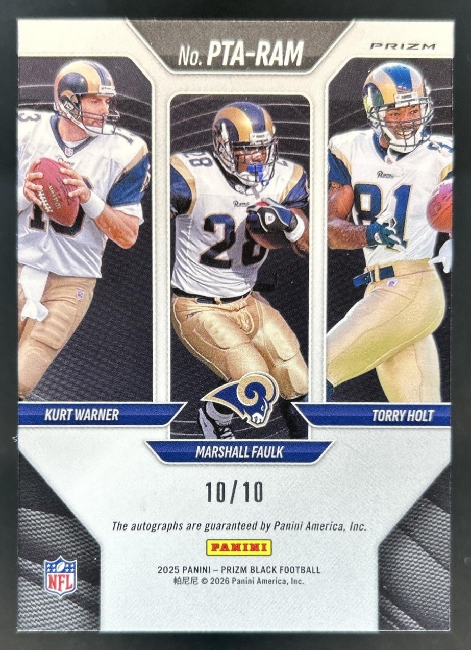 2025 Prizm Black Kurt Warner Marshall Faulk Torry Holt Triple Auto Gold #/10 view 2