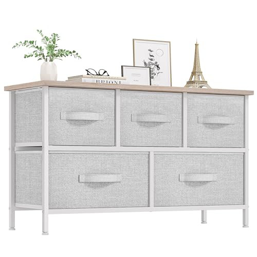 5-Drawer Fabric Dresser Storage Tower - Light Grey Print Organizer