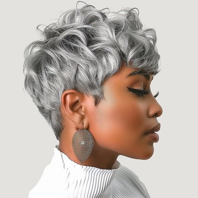 Gray Wig for Black People Pixie Cut Wig with Bangs Short Pixie, Curly Wig for...