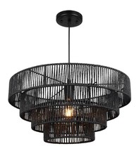 Image of Rosient 20" Boho Woven Chandelier Pendant Light Black Retro 4-Tier Wicker 1208G