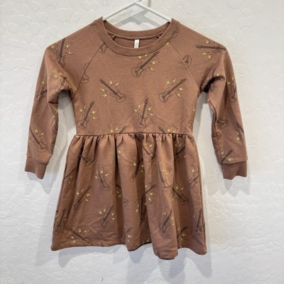 Rylee + Cru Tan Guitar Print Raglan Dress Girls 4-5Y Long Sleeve Cotton Blend