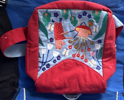 Girls Small Red/Blue Fabric Backpack Embroidered Fox, Zip, Adjustable Straps