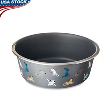 Stainless Steel Dog Bowl Non-Slip Base Fun Dog Faces Large Capacity 64oz New