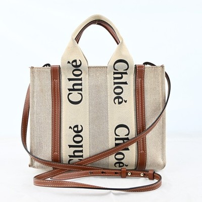 Chloe Woody Small Hand Bag Canvas 2way Beige Brown Auth F1609CJ804