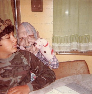 Vintage Photo 1970s Snapshot Boy in Camp With Friend Wearing Mask Kitchen Scene