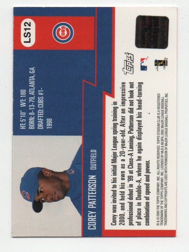 2000 Topps Stadium Club Lone Star Signature Corey Patterson autógrafo automático!! Foto 2 de 2