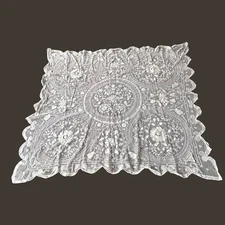 Antique Tambour Net Lace Table Cover c1900 Hand Embroidered Needle Lace 50”