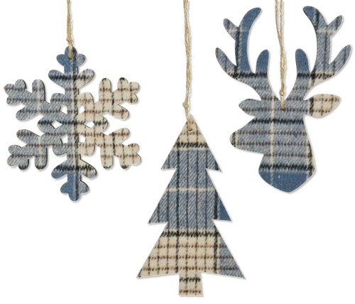 Blue Plaid Ornaments -Set of 3 Wood Christmas Tree Decorations Holiday - Picture 2 of 5